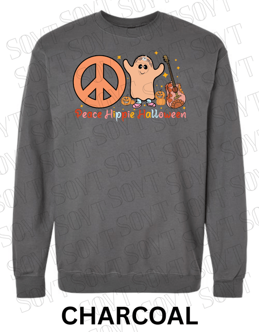 Peace Hippie Halloween Sweatshirt – Cute Ghost, Peace Sign & Floral Guitar Fall Pullover - Festive Apparel StoreCharcoal