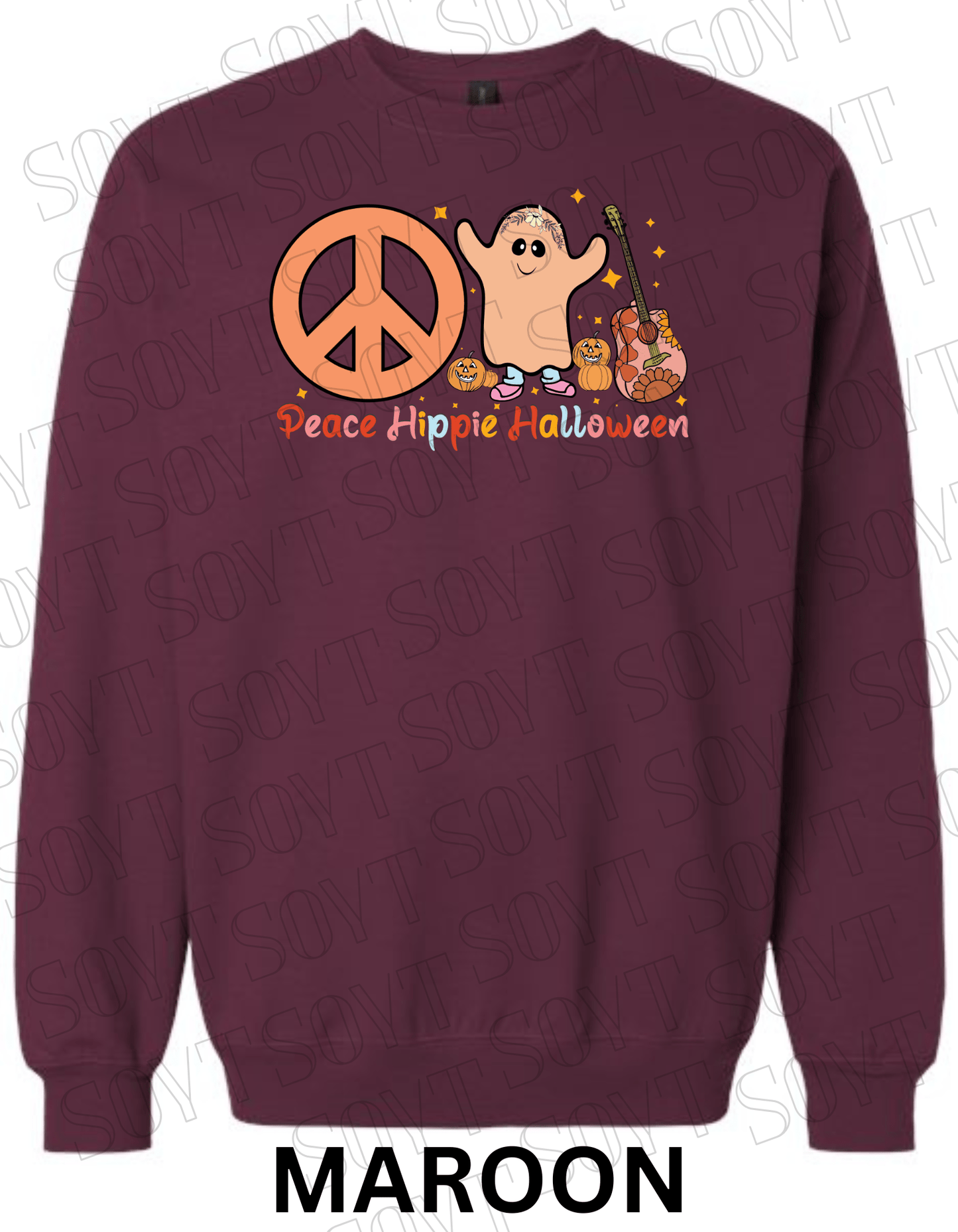 Peace Hippie Halloween Sweatshirt – Cute Ghost, Peace Sign & Floral Guitar Fall Pullover - Festive Apparel StoreMaroon