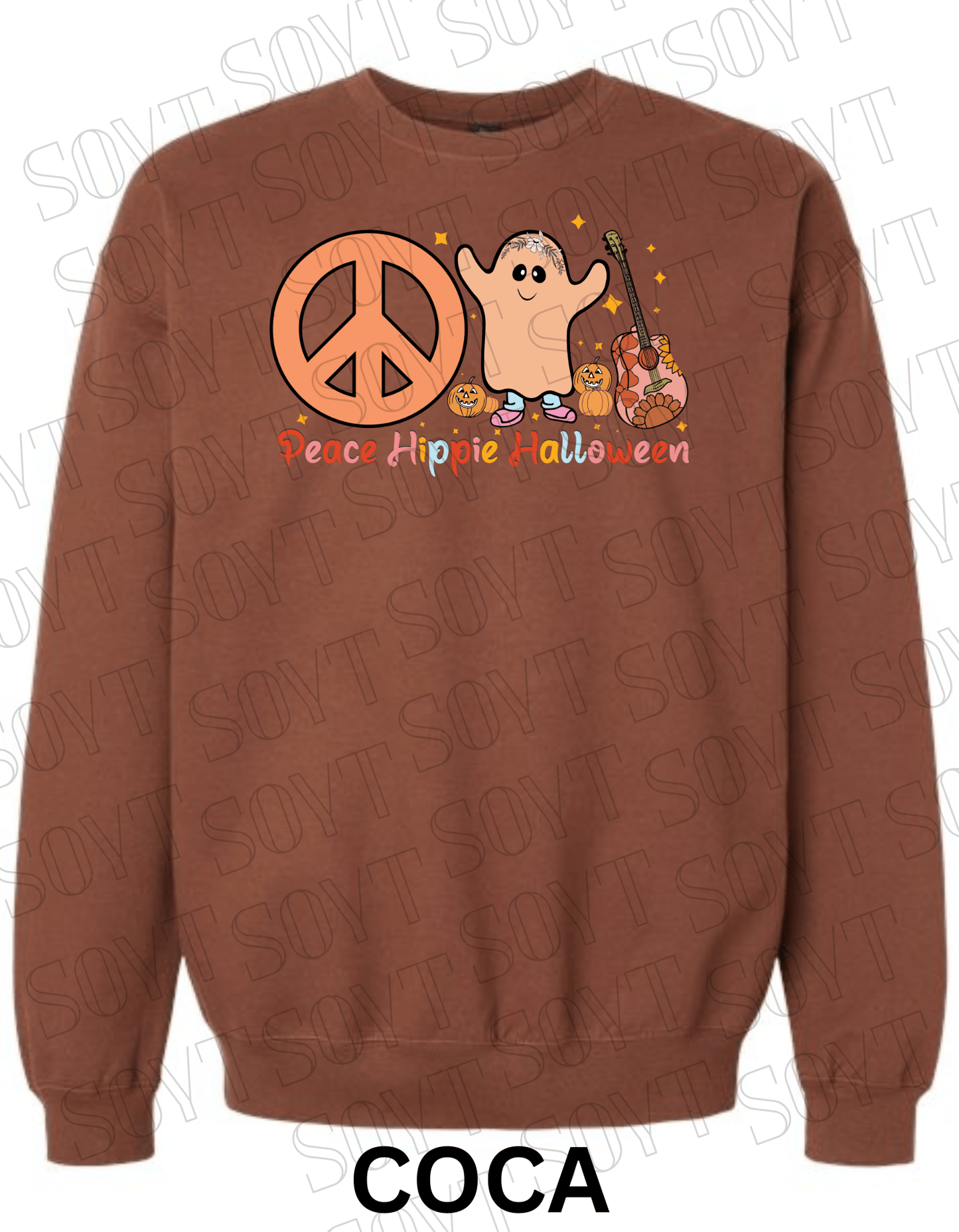 Peace Hippie Halloween Sweatshirt – Cute Ghost, Peace Sign & Floral Guitar Fall Pullover - Festive Apparel StoreCocoa Brown