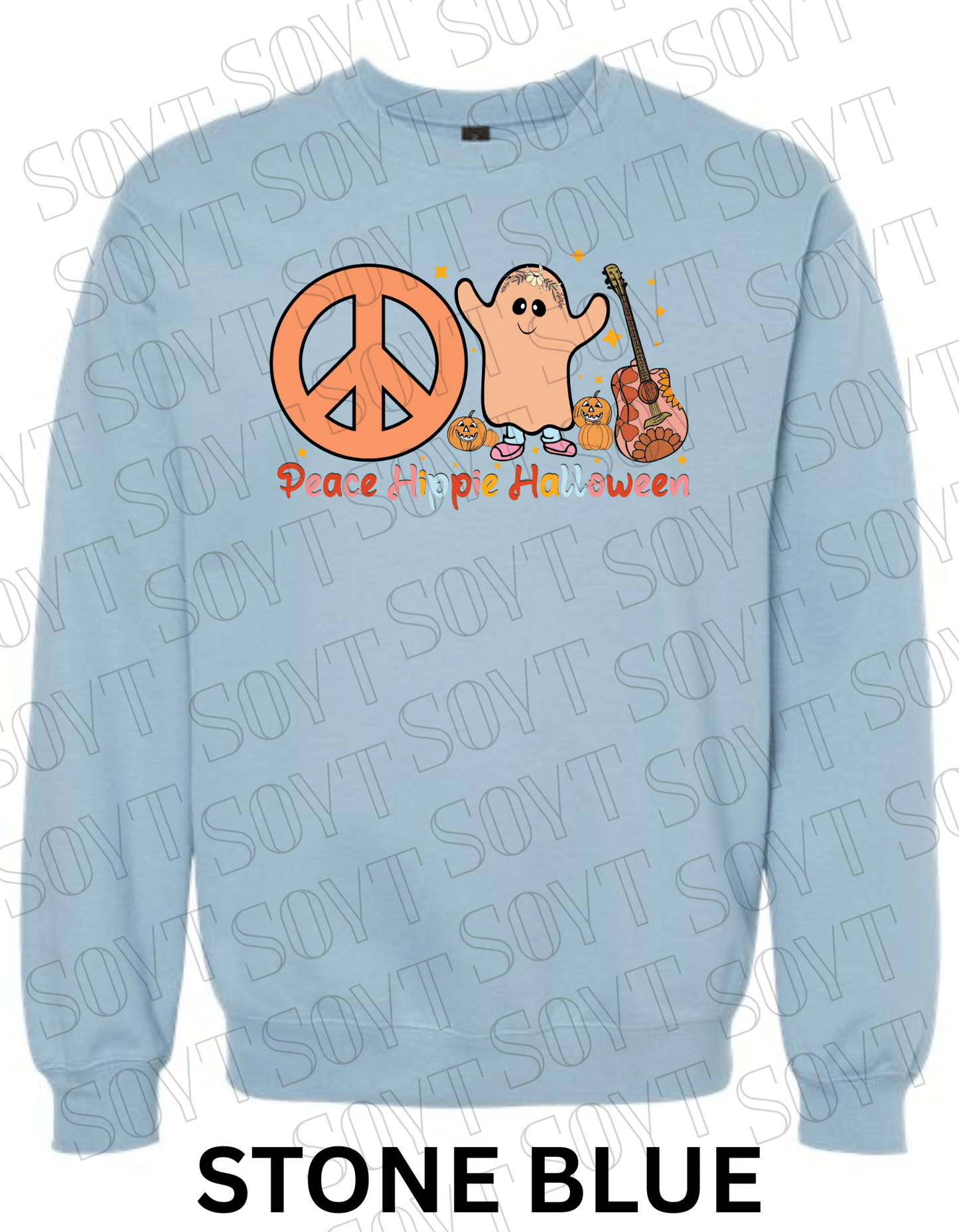 Peace Hippie Halloween Sweatshirt – Cute Ghost, Peace Sign & Floral Guitar Fall Pullover - Festive Apparel StoreStone Blue