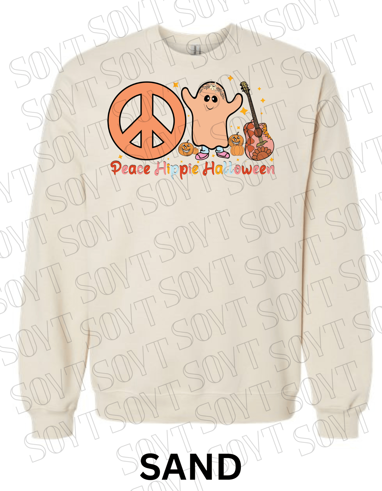 Peace Hippie Halloween Sweatshirt – Cute Ghost, Peace Sign & Floral Guitar Fall Pullover - Festive Apparel StoreSand