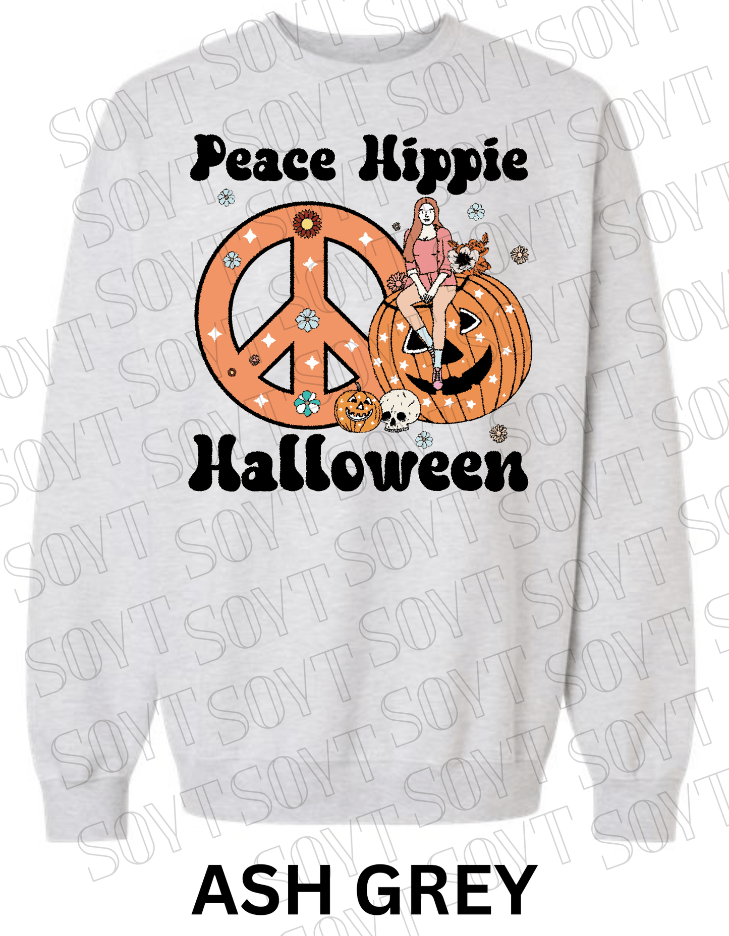 Peace Hippie Halloween Sweatshirt – Retro Girl, Peace Sign & Pumpkin Floral Pullover - Festive Apparel StoreAsh Grey