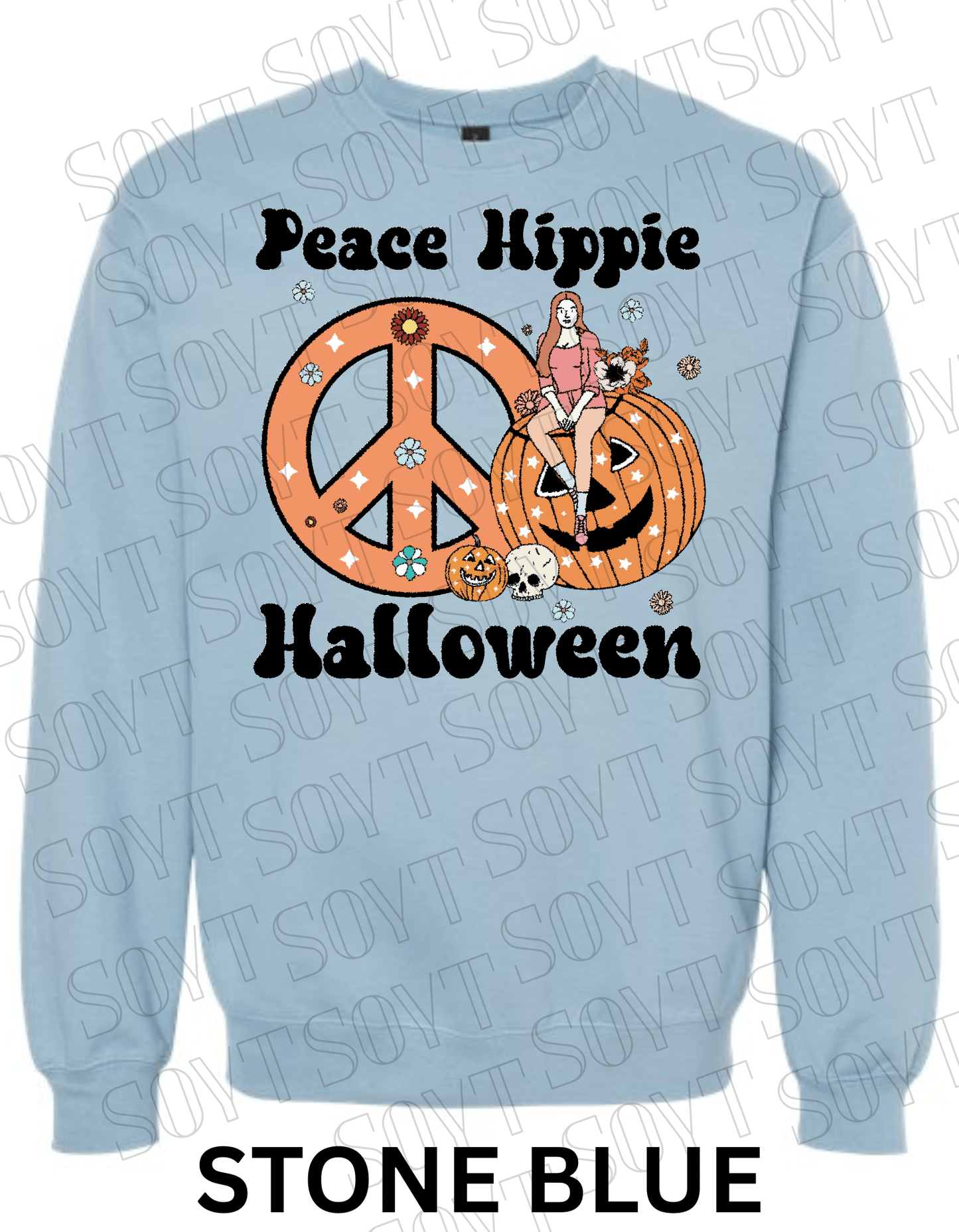 Peace Hippie Halloween Sweatshirt – Retro Girl, Peace Sign & Pumpkin Floral Pullover - Festive Apparel StoreStone Blue