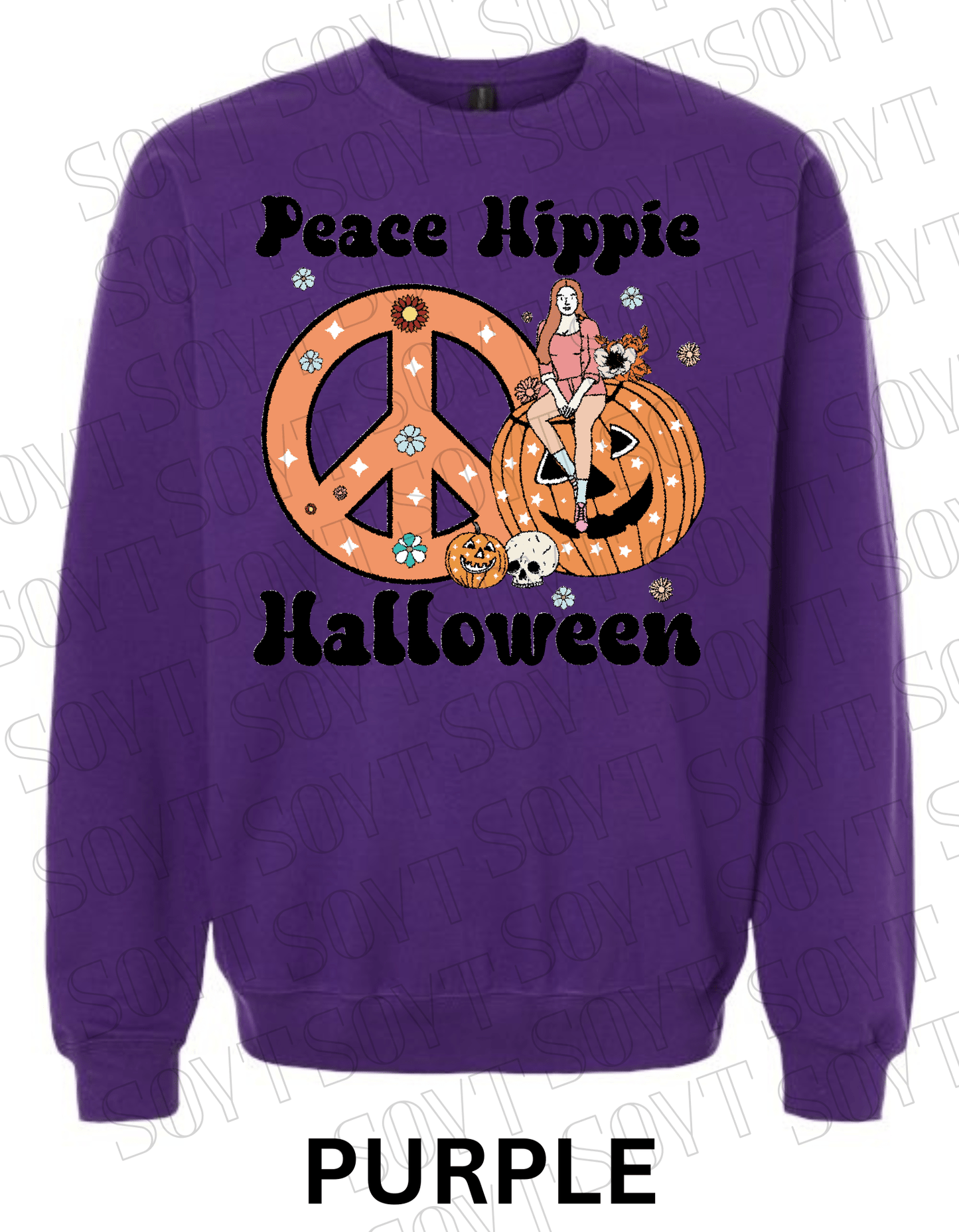Peace Hippie Halloween Sweatshirt – Retro Girl, Peace Sign & Pumpkin Floral Pullover - Festive Apparel StorePurple