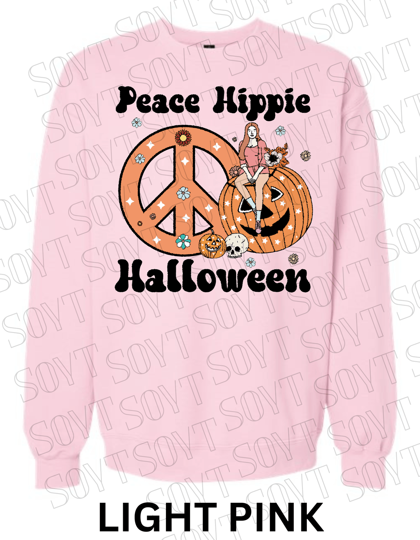 Peace Hippie Halloween Sweatshirt – Retro Girl, Peace Sign & Pumpkin Floral Pullover - Festive Apparel StoreLight Pink