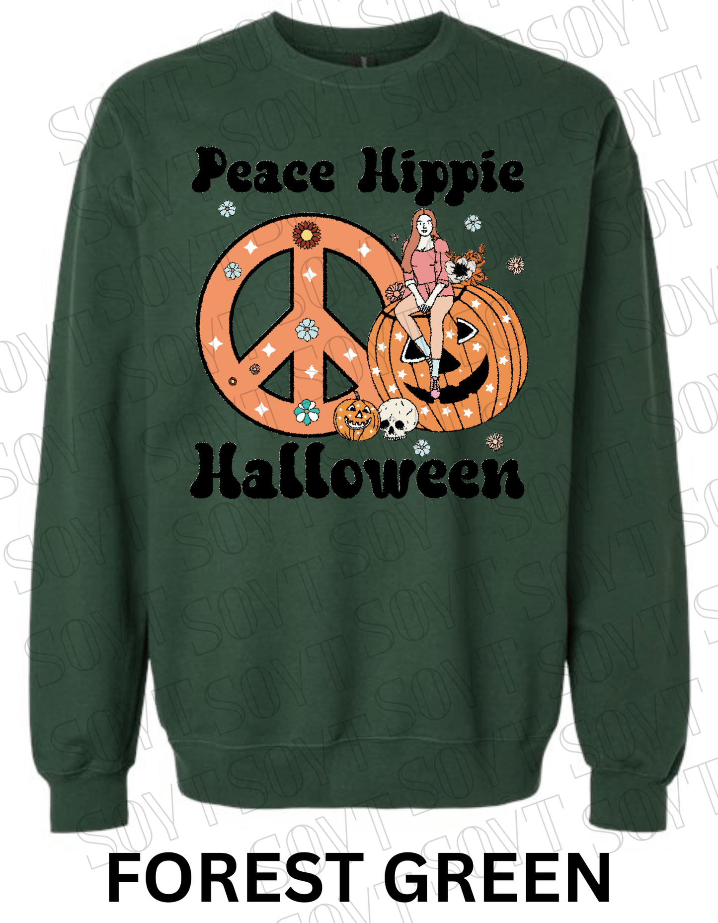 Peace Hippie Halloween Sweatshirt – Retro Girl, Peace Sign & Pumpkin Floral Pullover - Festive Apparel StoreForest Green