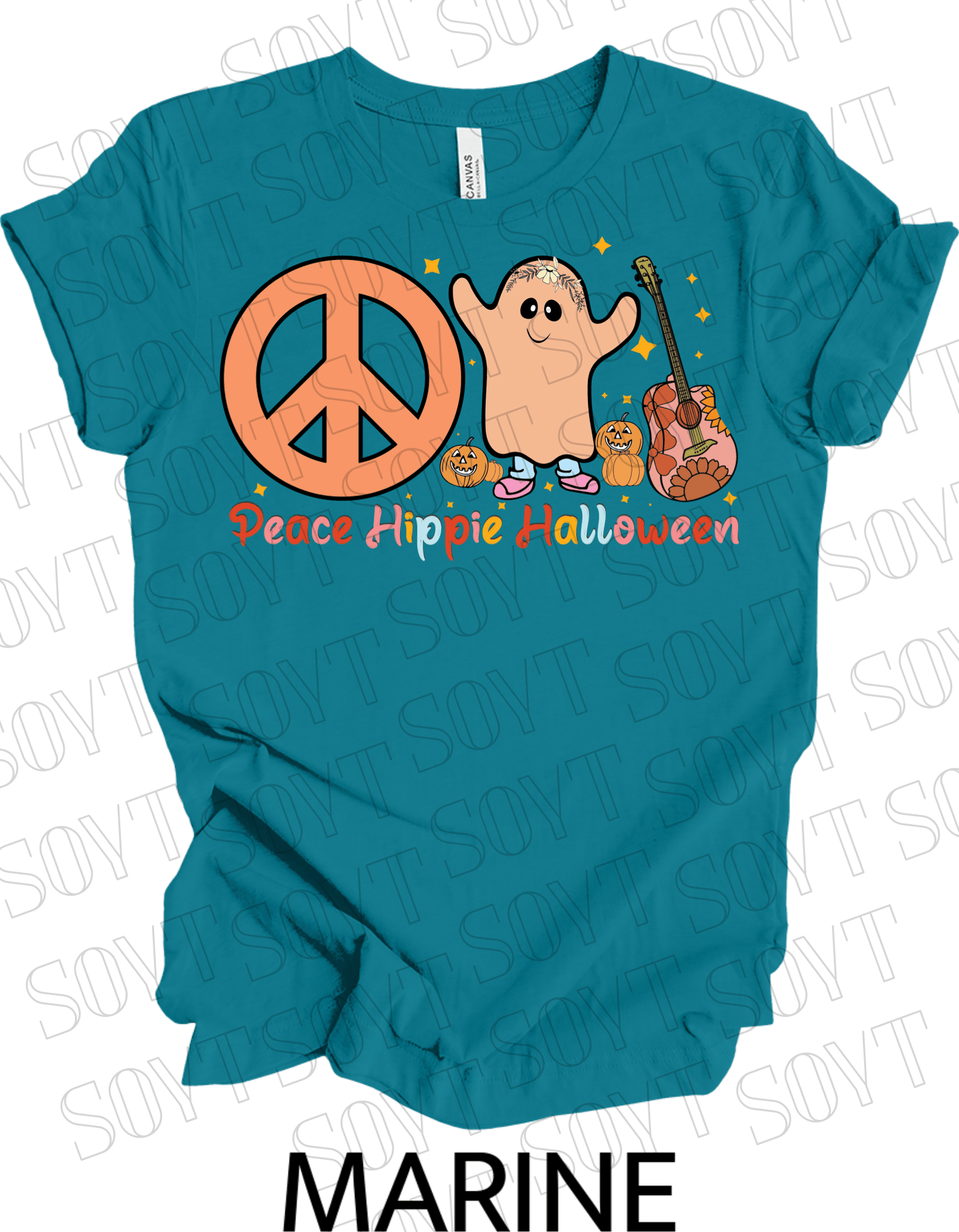 Peace Hippie Halloween T-Shirt – Cute Ghost, Peace Sign & Floral Pumpkin Guitar Tee - Festive Apparel StoreMarine