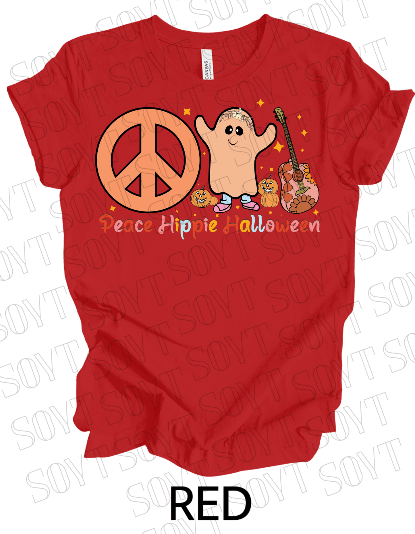 Peace Hippie Halloween T-Shirt – Cute Ghost, Peace Sign & Floral Pumpkin Guitar Tee - Festive Apparel StoreRed
