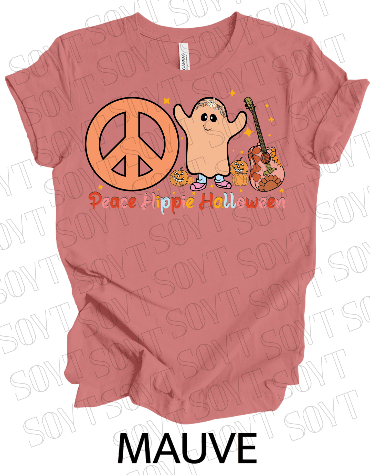 Peace Hippie Halloween T-Shirt – Cute Ghost, Peace Sign & Floral Pumpkin Guitar Tee - Festive Apparel StoreMauve
