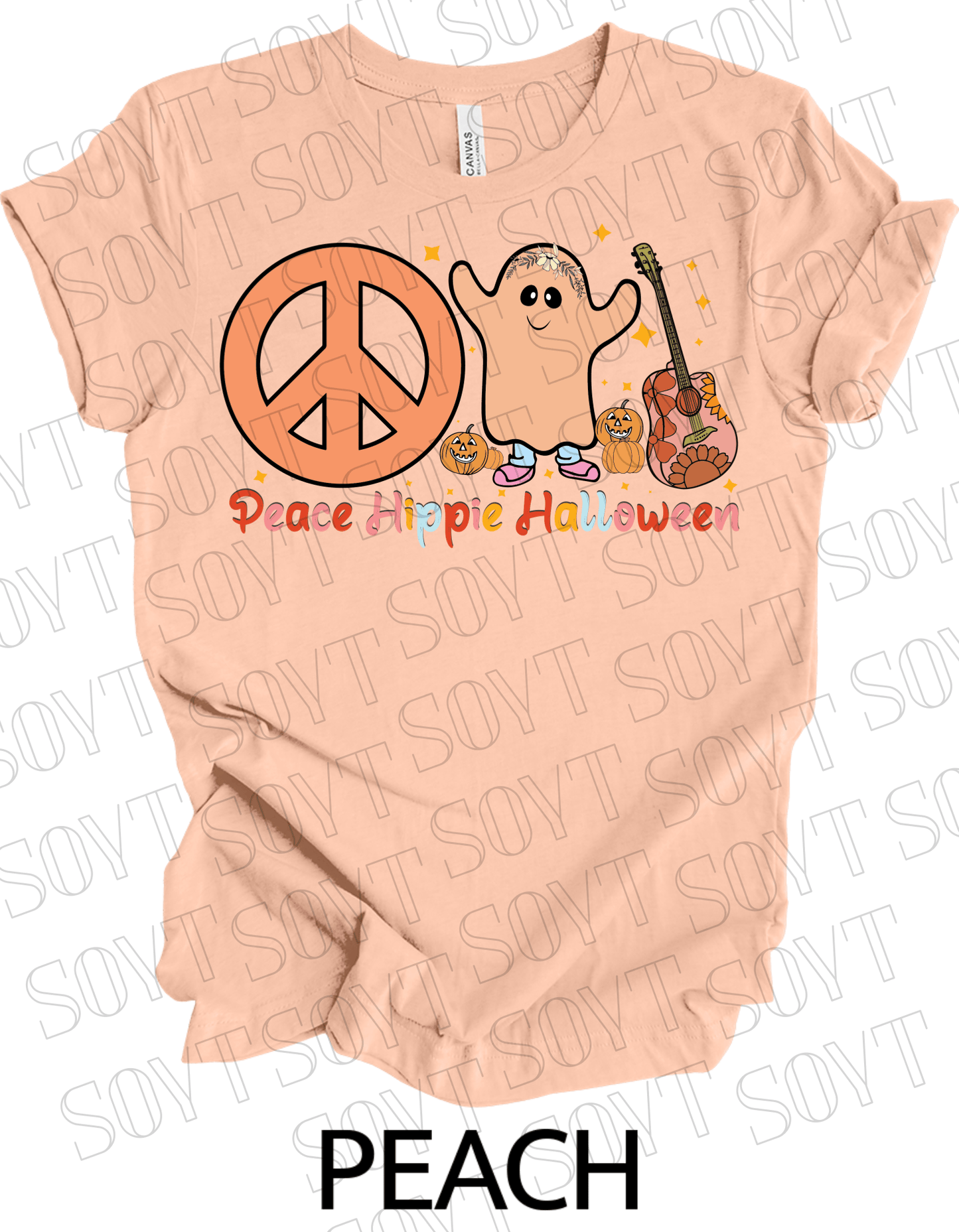 Peace Hippie Halloween T-Shirt – Cute Ghost, Peace Sign & Floral Pumpkin Guitar Tee - Festive Apparel StorePeach