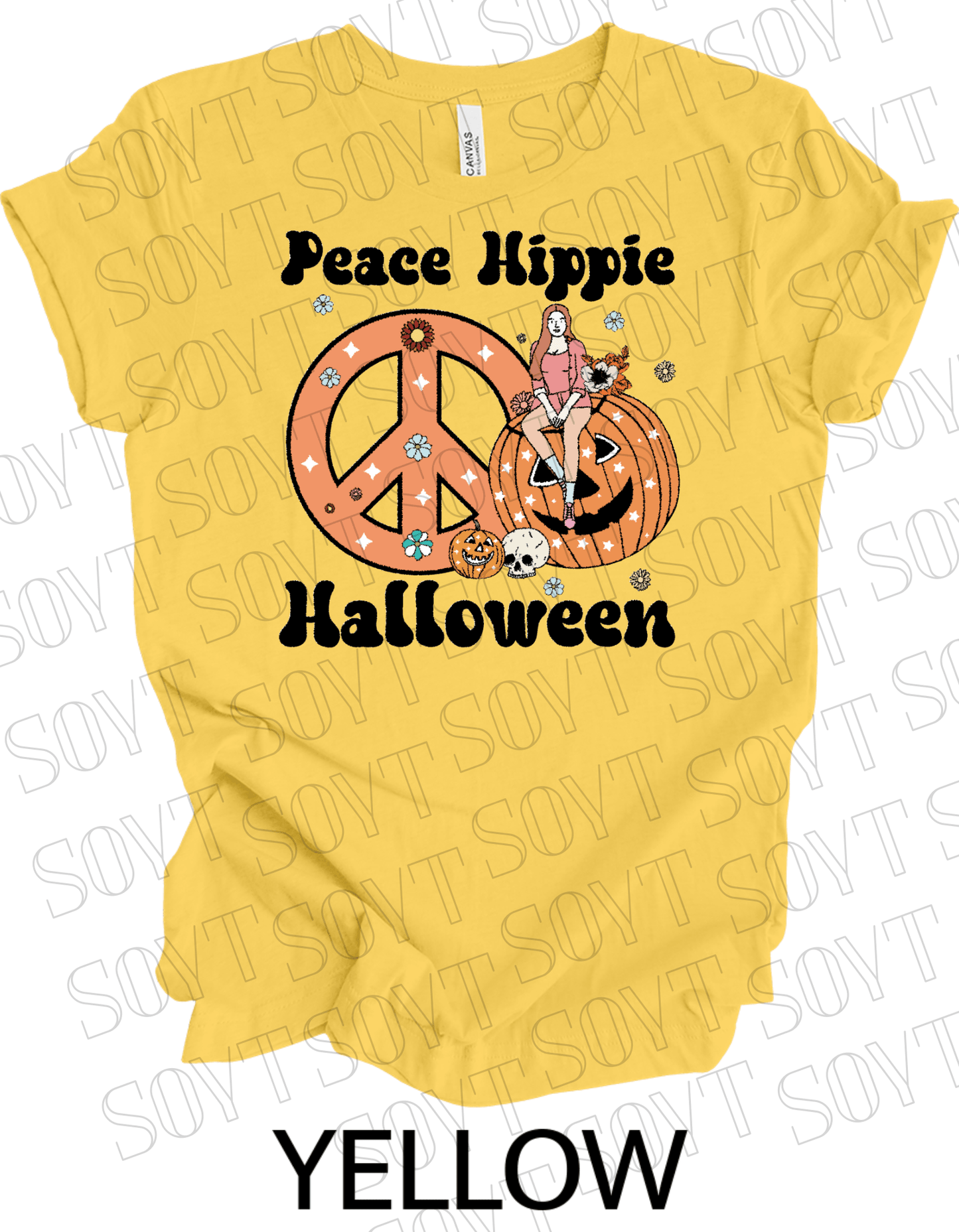 Peace Hippie Halloween T-Shirt – Retro Girl, Pumpkins & Floral Peace Sign Graphic Tee - Festive Apparel StoreYellow