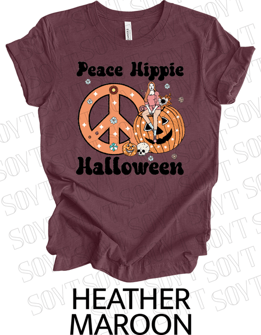 Peace Hippie Halloween T-Shirt – Retro Girl, Pumpkins & Floral Peace Sign Graphic Tee - Festive Apparel StoreHeather Maroon