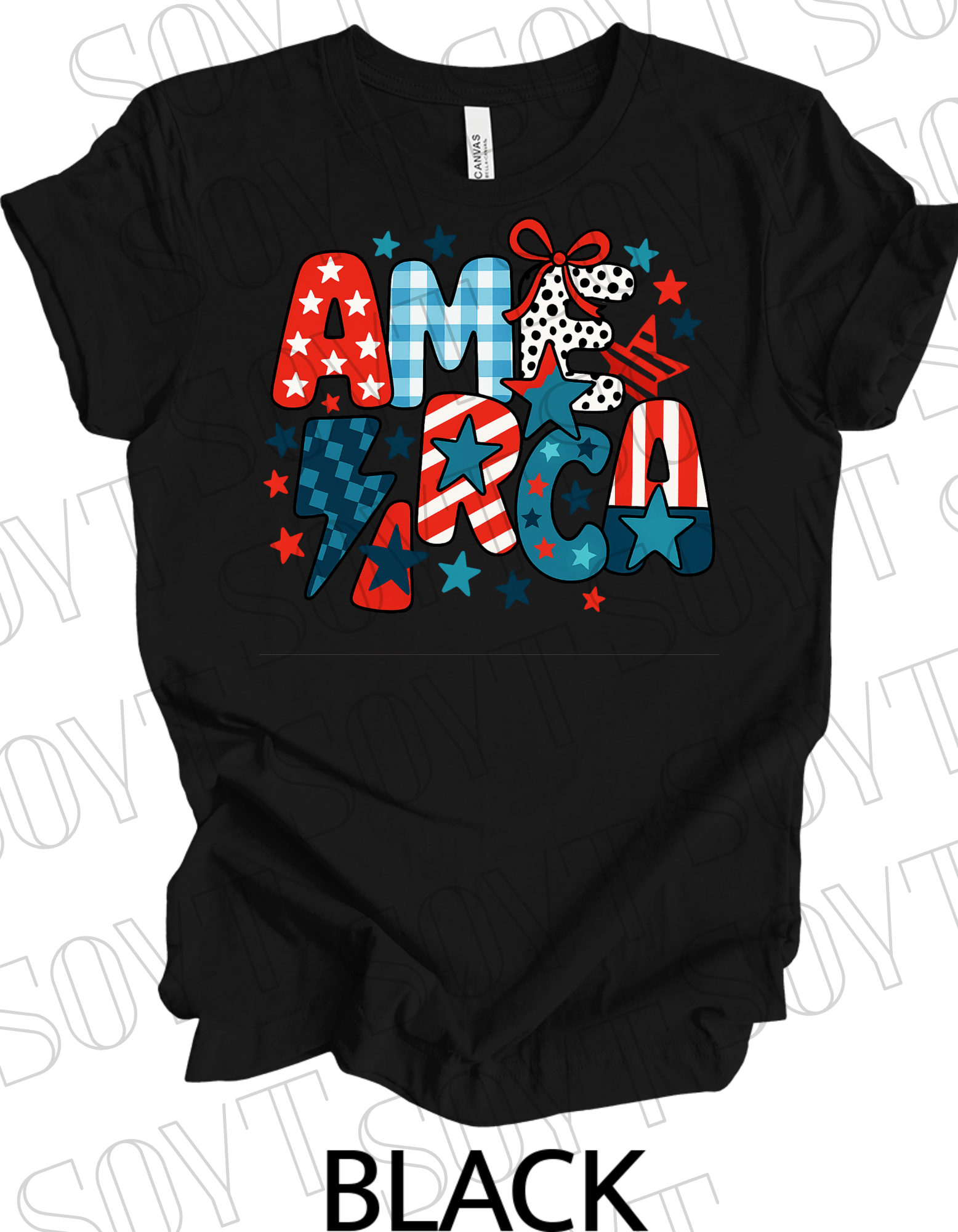 Playful AMERICA T-Shirt – Bella+Canvas Patriotic Mixed Pattern Tee - Festive Apparel StoreBlack