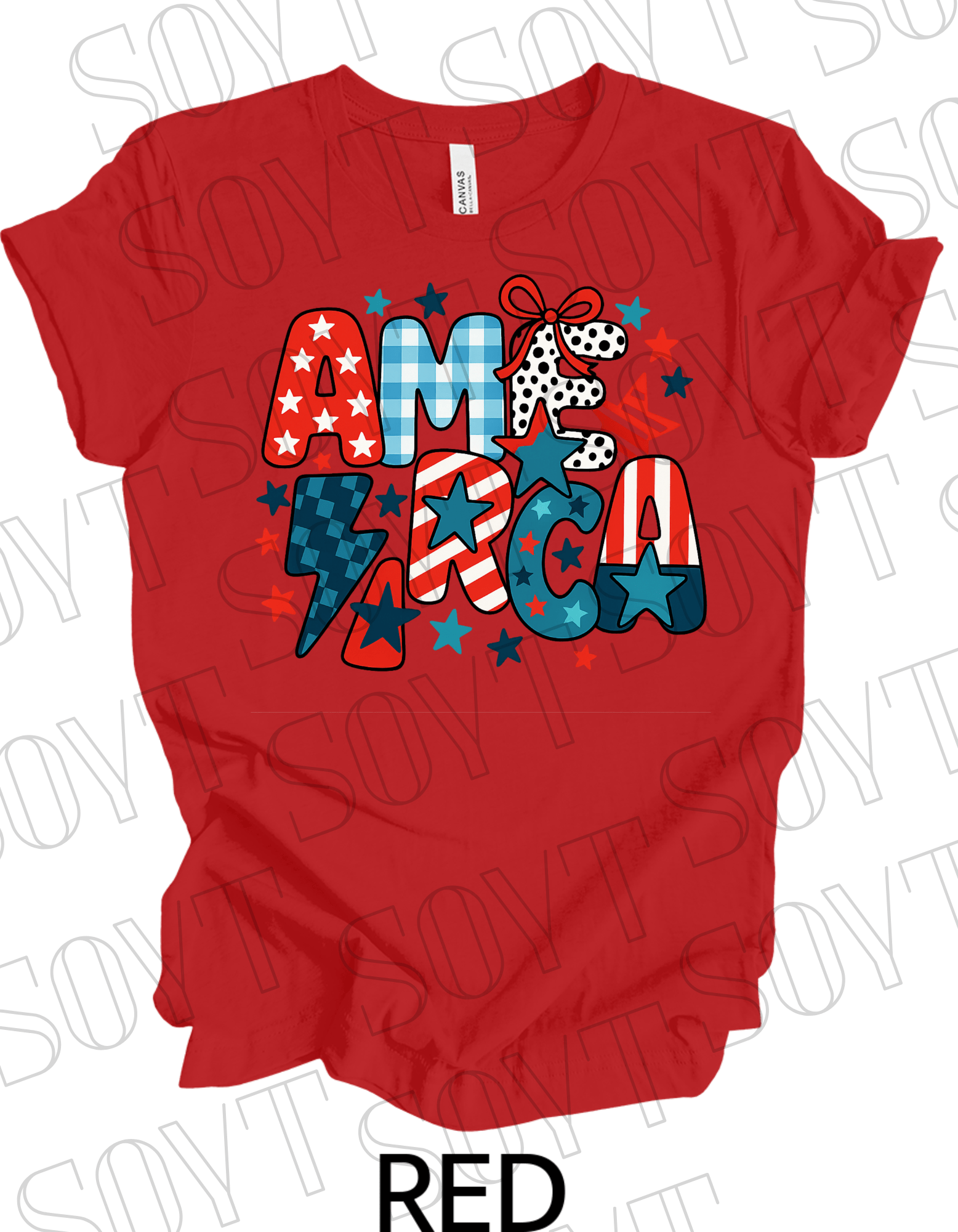 Playful AMERICA T-Shirt – Bella+Canvas Patriotic Mixed Pattern Tee - Festive Apparel StoreRed