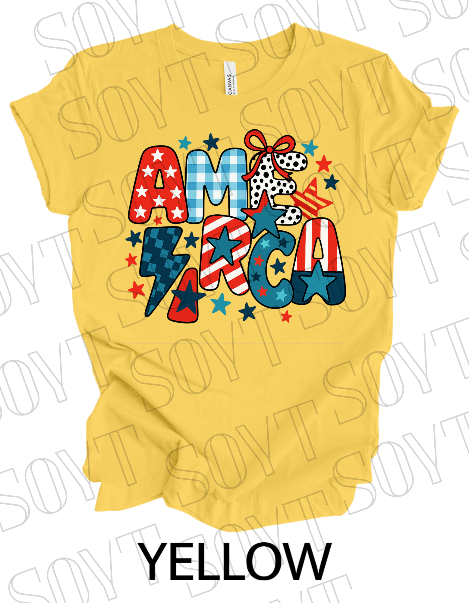 Playful AMERICA T-Shirt – Bella+Canvas Patriotic Mixed Pattern Tee - Festive Apparel StoreYellow