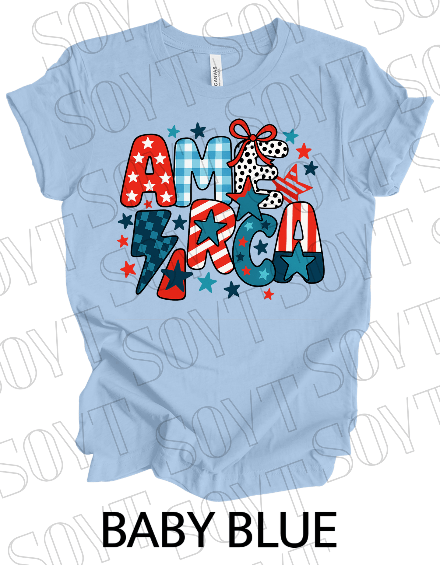 Playful AMERICA T-Shirt – Bella+Canvas Patriotic Mixed Pattern Tee - Festive Apparel StoreBaby Blue