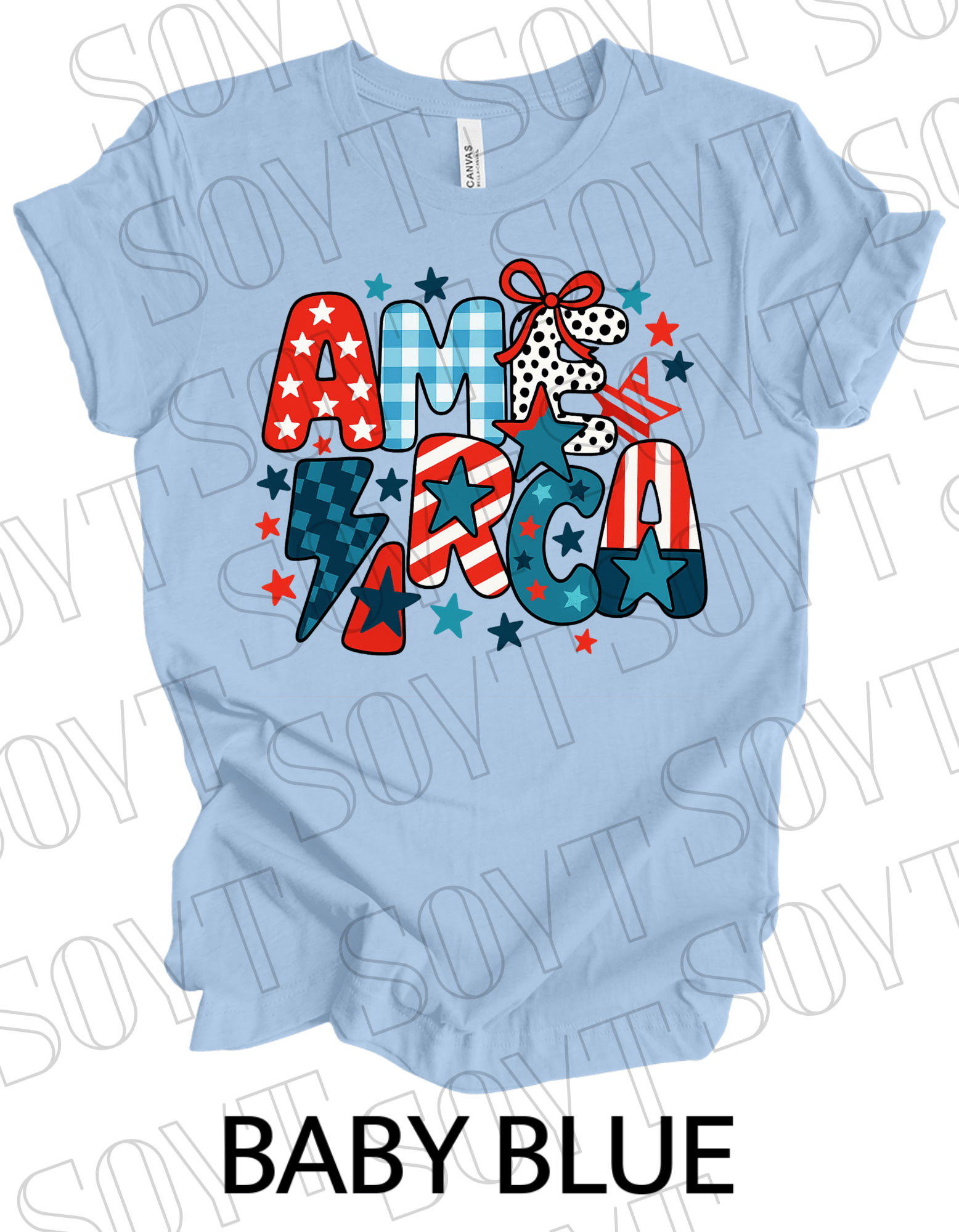 Playful AMERICA T-Shirt – Bella+Canvas Patriotic Mixed Pattern Tee - Festive Apparel StoreBaby Blue