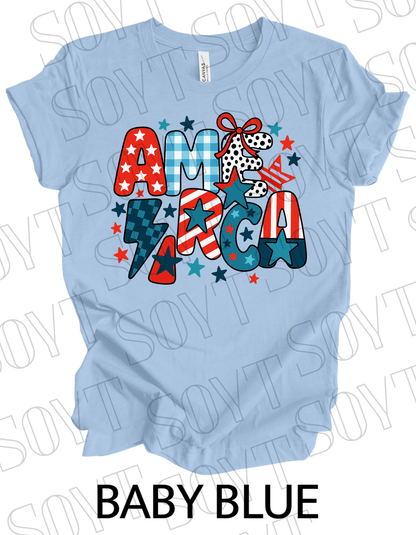 Playful AMERICA T-Shirt – Bella+Canvas Patriotic Mixed Pattern Tee - Festive Apparel StoreBaby Blue