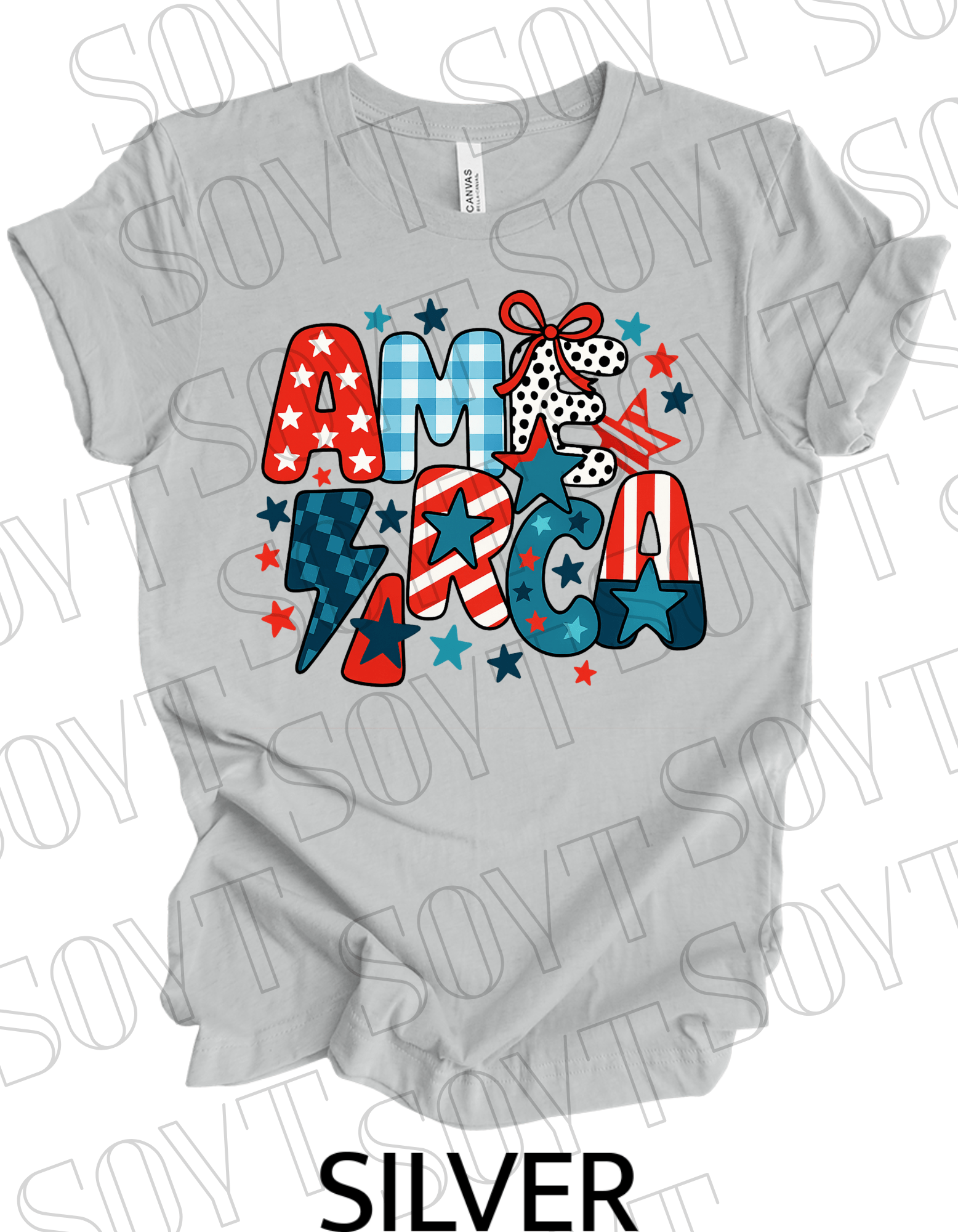 Playful AMERICA T-Shirt – Bella+Canvas Patriotic Mixed Pattern Tee - Festive Apparel StoreSilver