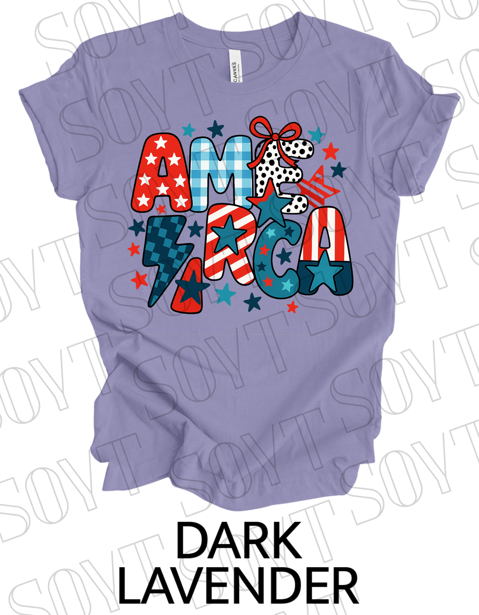 Playful AMERICA T-Shirt – Bella+Canvas Patriotic Mixed Pattern Tee - Festive Apparel StoreDark Lavender