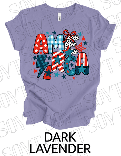Playful AMERICA T-Shirt – Bella+Canvas Patriotic Mixed Pattern Tee - Festive Apparel StoreDark Lavender