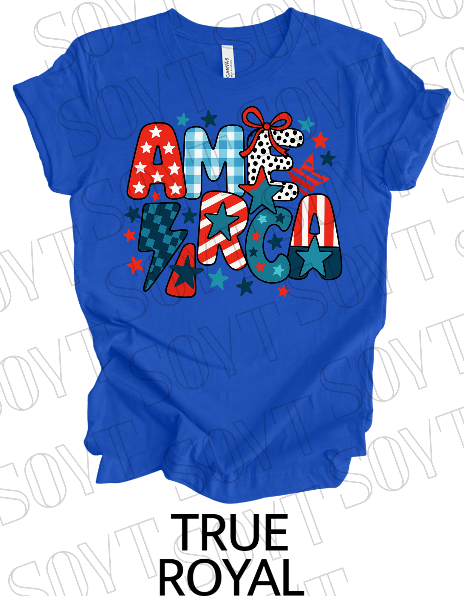 Playful AMERICA T-Shirt – Bella+Canvas Patriotic Mixed Pattern Tee - Festive Apparel StoreRoyal Blue