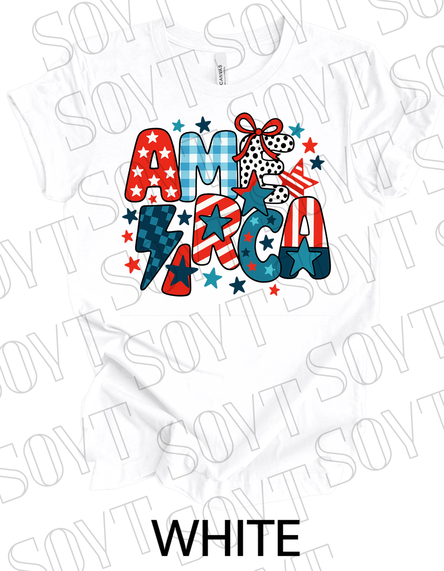 Playful AMERICA T-Shirt – Bella+Canvas Patriotic Mixed Pattern Tee - Festive Apparel StoreWhite