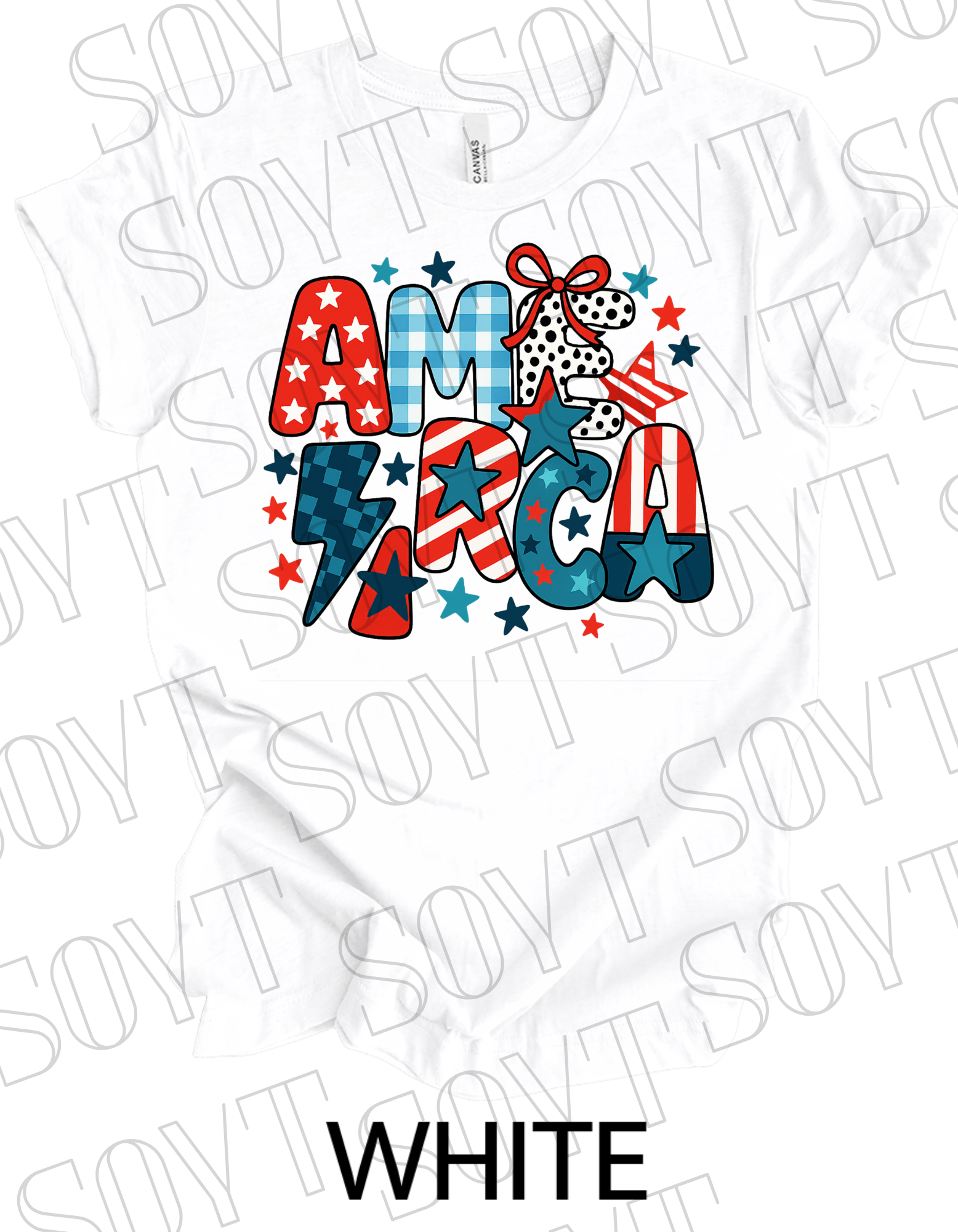 Playful AMERICA T-Shirt – Bella+Canvas Patriotic Mixed Pattern Tee - Festive Apparel StoreWhite