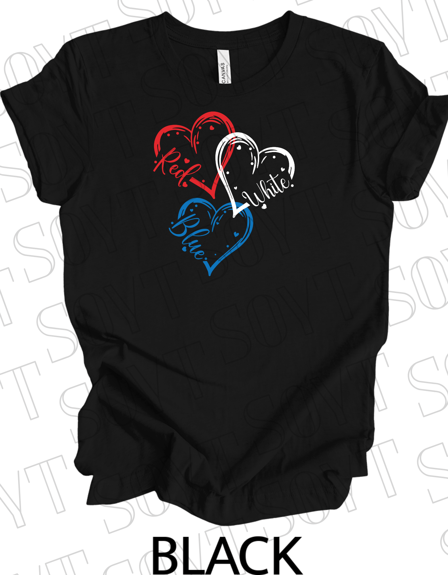 Red White Blue Hearts T-Shirt – Bella+Canvas Cute Patriotic Tee - Festive Apparel StoreBlack