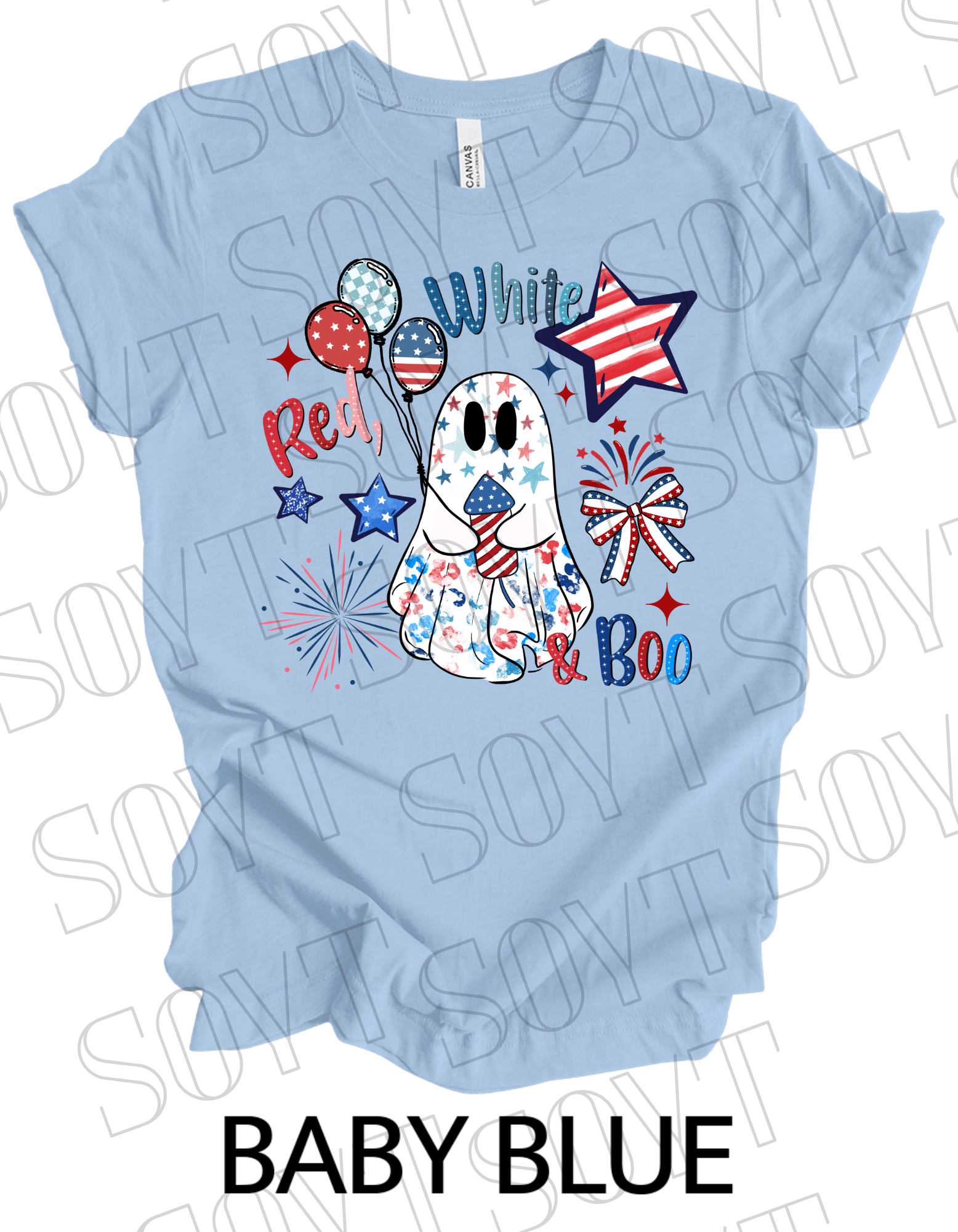 Red, White & Boo T-Shirt – Bella+Canvas Patriotic Ghost Tee - Festive Apparel StoreBaby Blue
