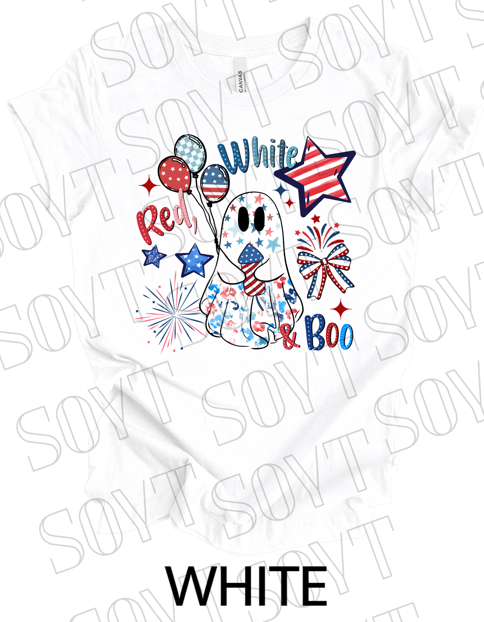 Red, White & Boo T-Shirt – Bella+Canvas Patriotic Ghost Tee - Festive Apparel StoreWhite