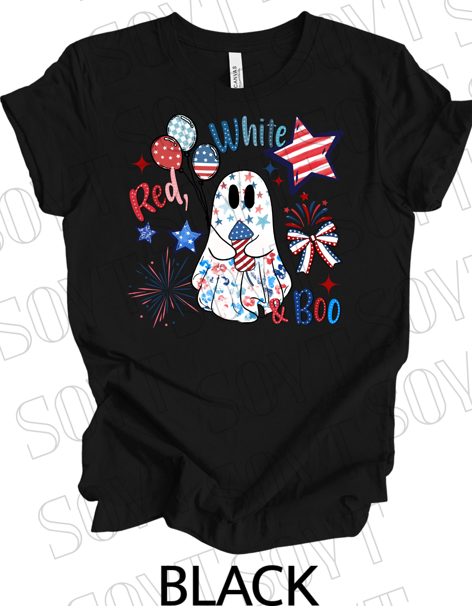 Red, White & Boo T-Shirt – Bella+Canvas Patriotic Ghost Tee - Festive Apparel StoreBlack