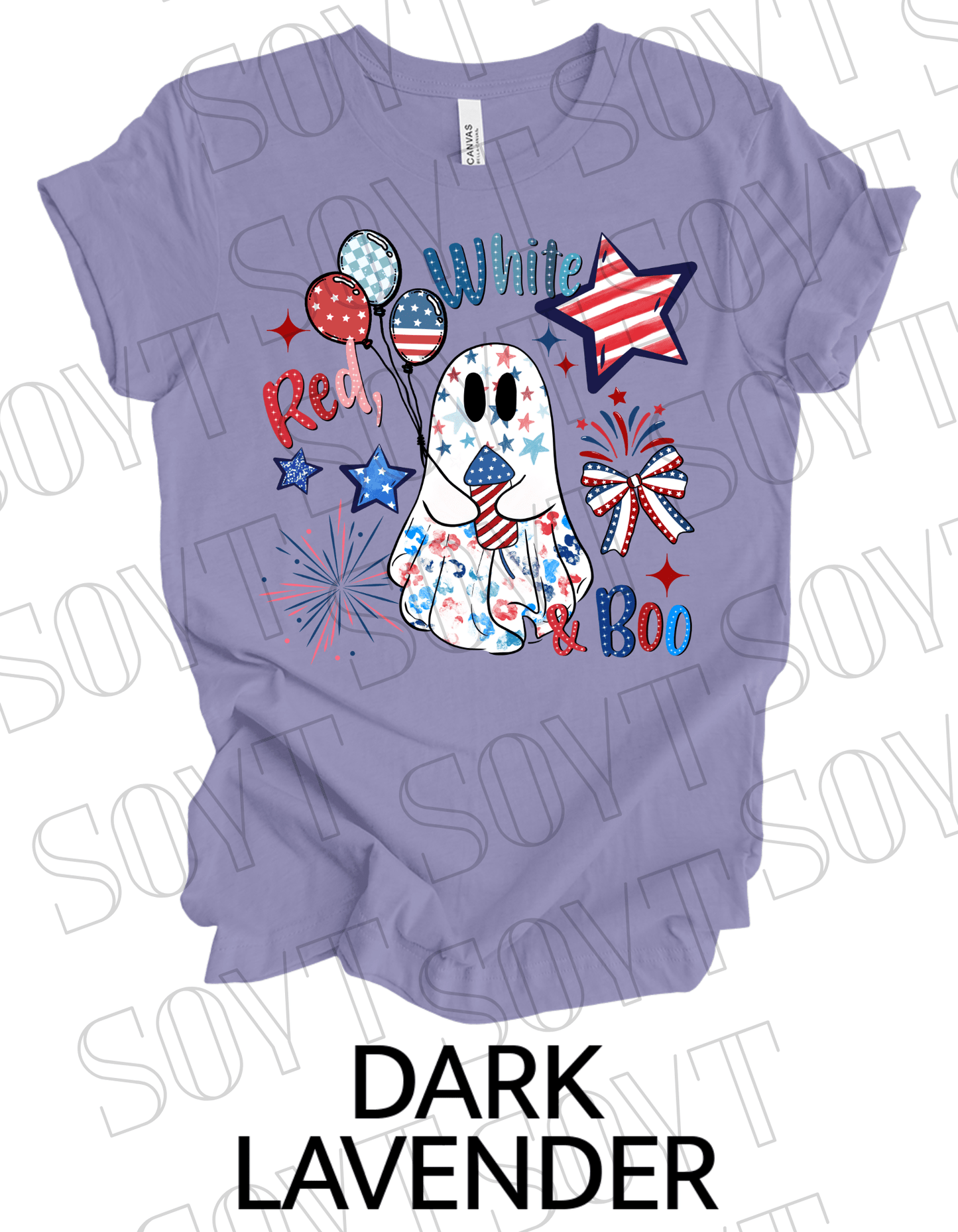 Red, White & Boo T-Shirt – Bella+Canvas Patriotic Ghost Tee - Festive Apparel StoreDark Lavender