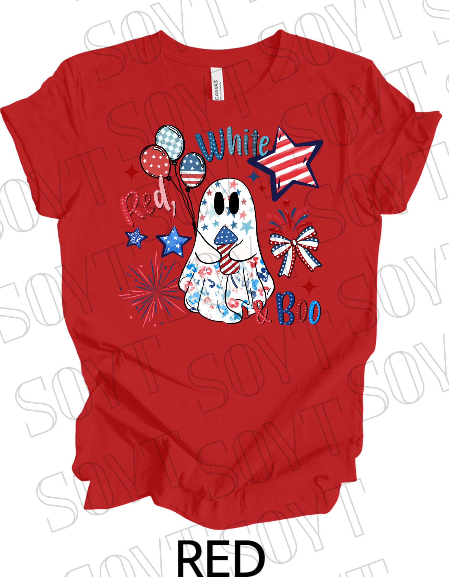 Red, White & Boo T-Shirt – Bella+Canvas Patriotic Ghost Tee - Festive Apparel StoreRed