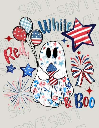 Red, White & Boo T-Shirt – Bella+Canvas Patriotic Ghost Tee - Festive Apparel StoreRed