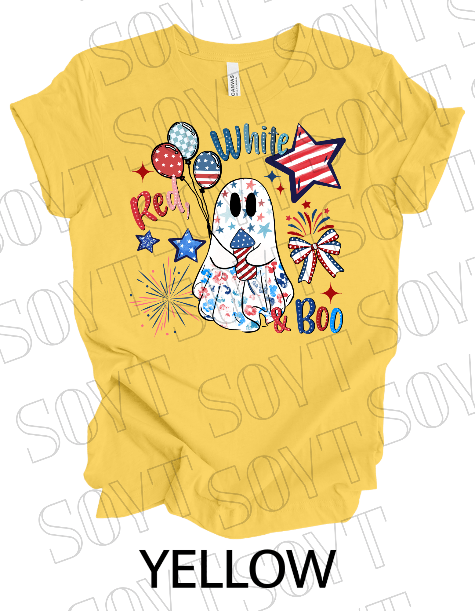Red, White & Boo T-Shirt – Bella+Canvas Patriotic Ghost Tee - Festive Apparel StoreYellow