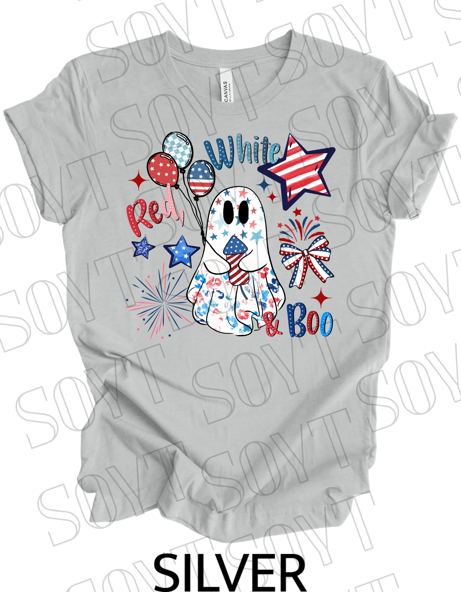 Red, White & Boo T-Shirt – Bella+Canvas Patriotic Ghost Tee - Festive Apparel StoreSilver
