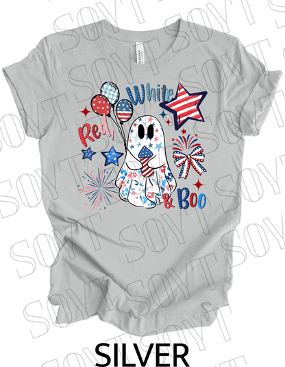Red, White & Boo T-Shirt – Bella+Canvas Patriotic Ghost Tee - Festive Apparel StoreSilver
