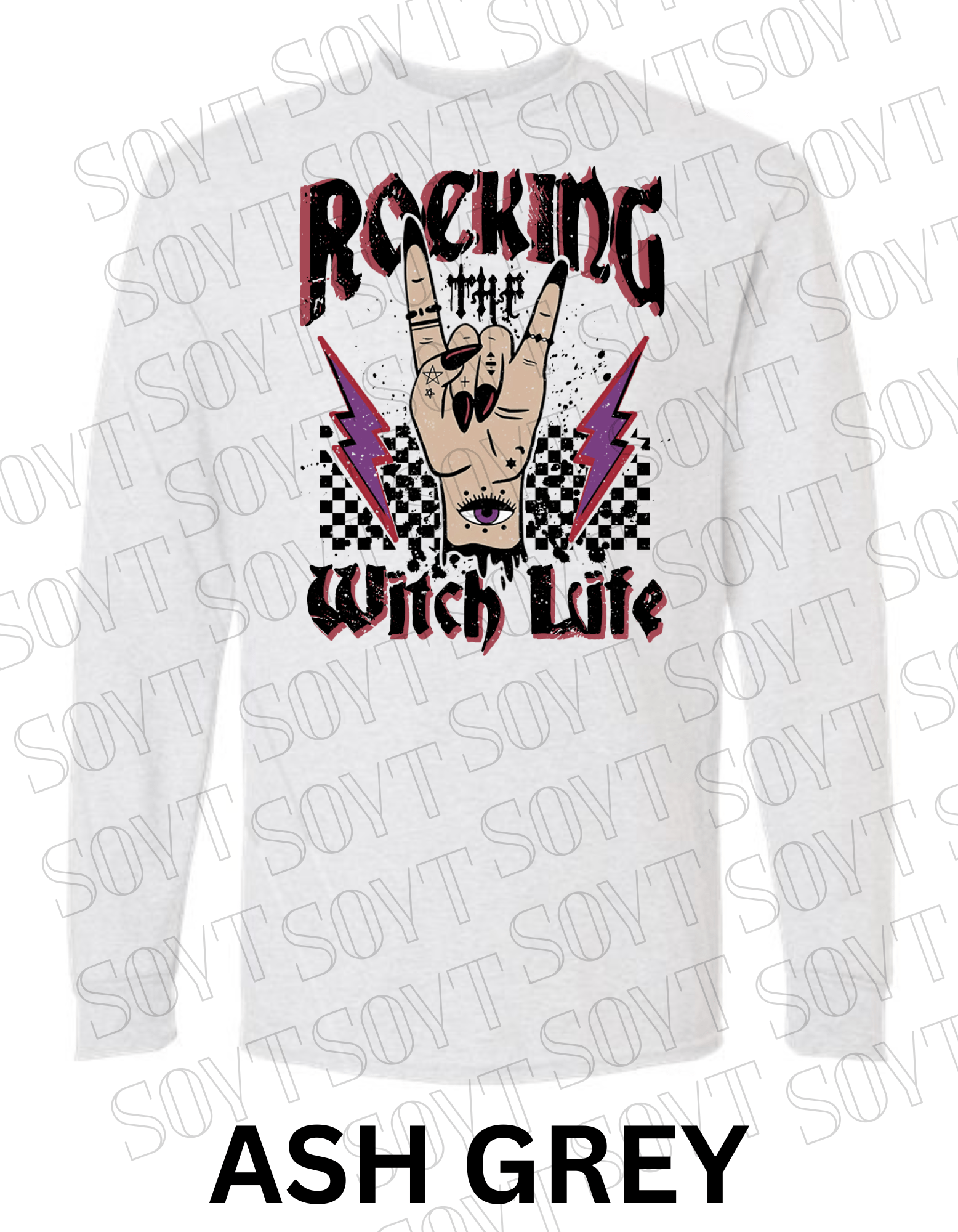 Rocking the Witch Life Halloween Long Sleeve – Gothic Witch Hand & Lightning Graphic Tee - Festive Apparel StoreAsh Gray