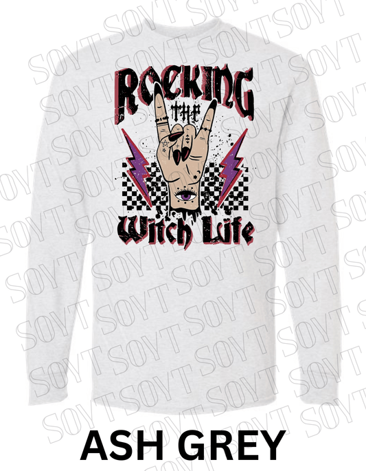 Rocking the Witch Life Halloween Long Sleeve – Gothic Witch Hand & Lightning Graphic Tee - Festive Apparel StoreAsh Gray