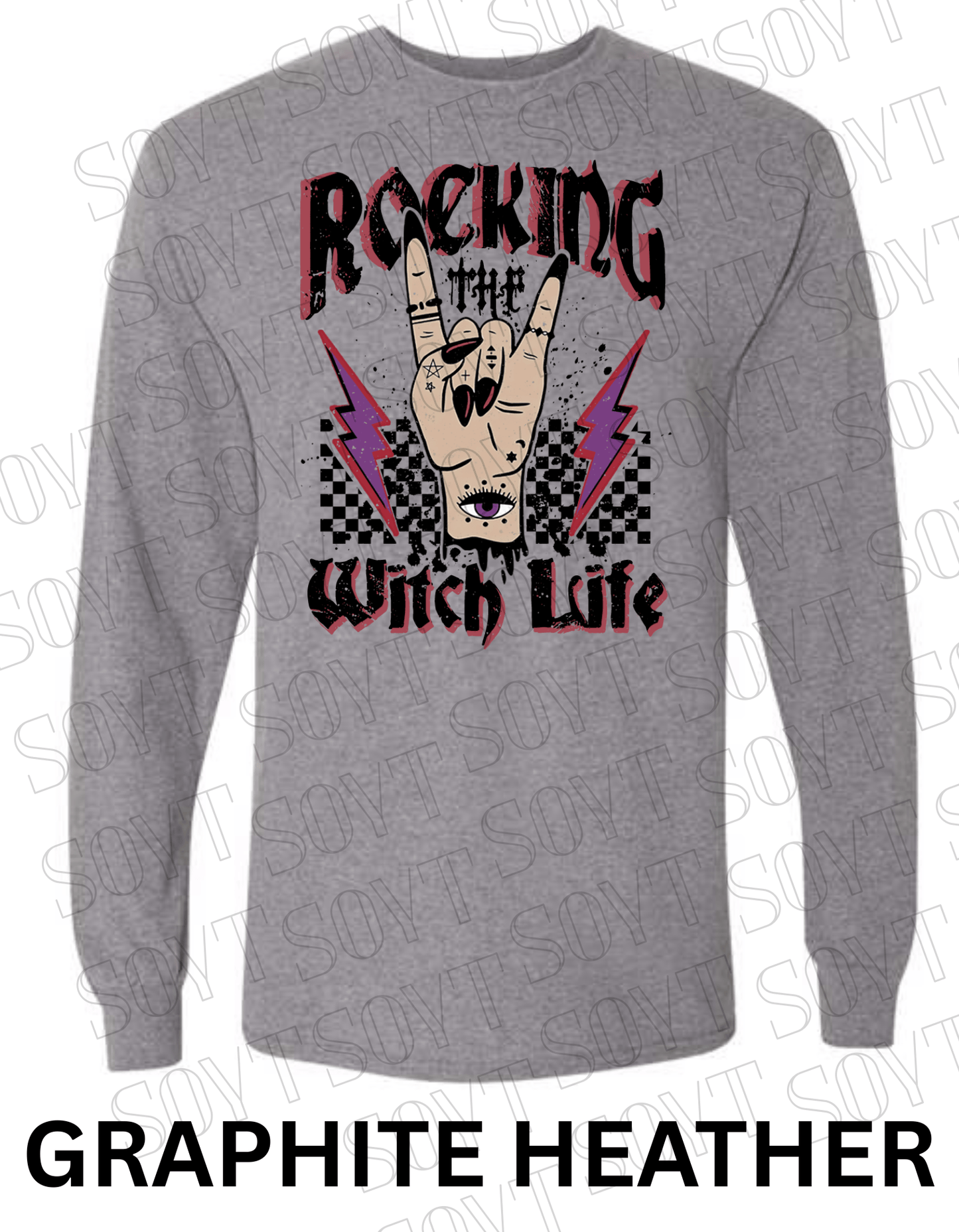 Rocking the Witch Life Halloween Long Sleeve – Gothic Witch Hand & Lightning Graphic Tee - Festive Apparel StoreGraphite Heather