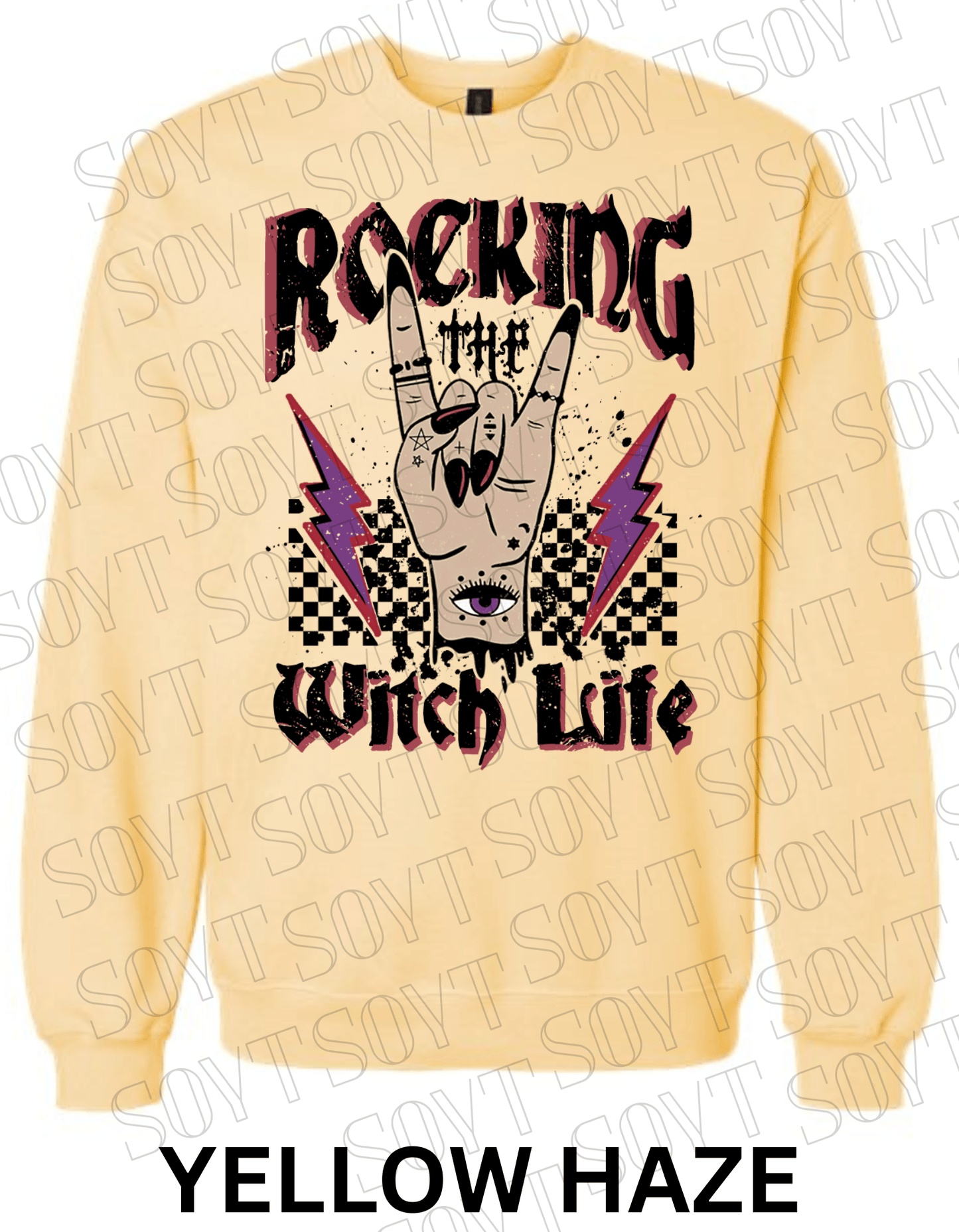 Rocking the Witch Life Halloween Sweatshirt – Gothic Rock Hand & Lightning Witch Graphic Pullover - Festive Apparel StoreYellow Haze