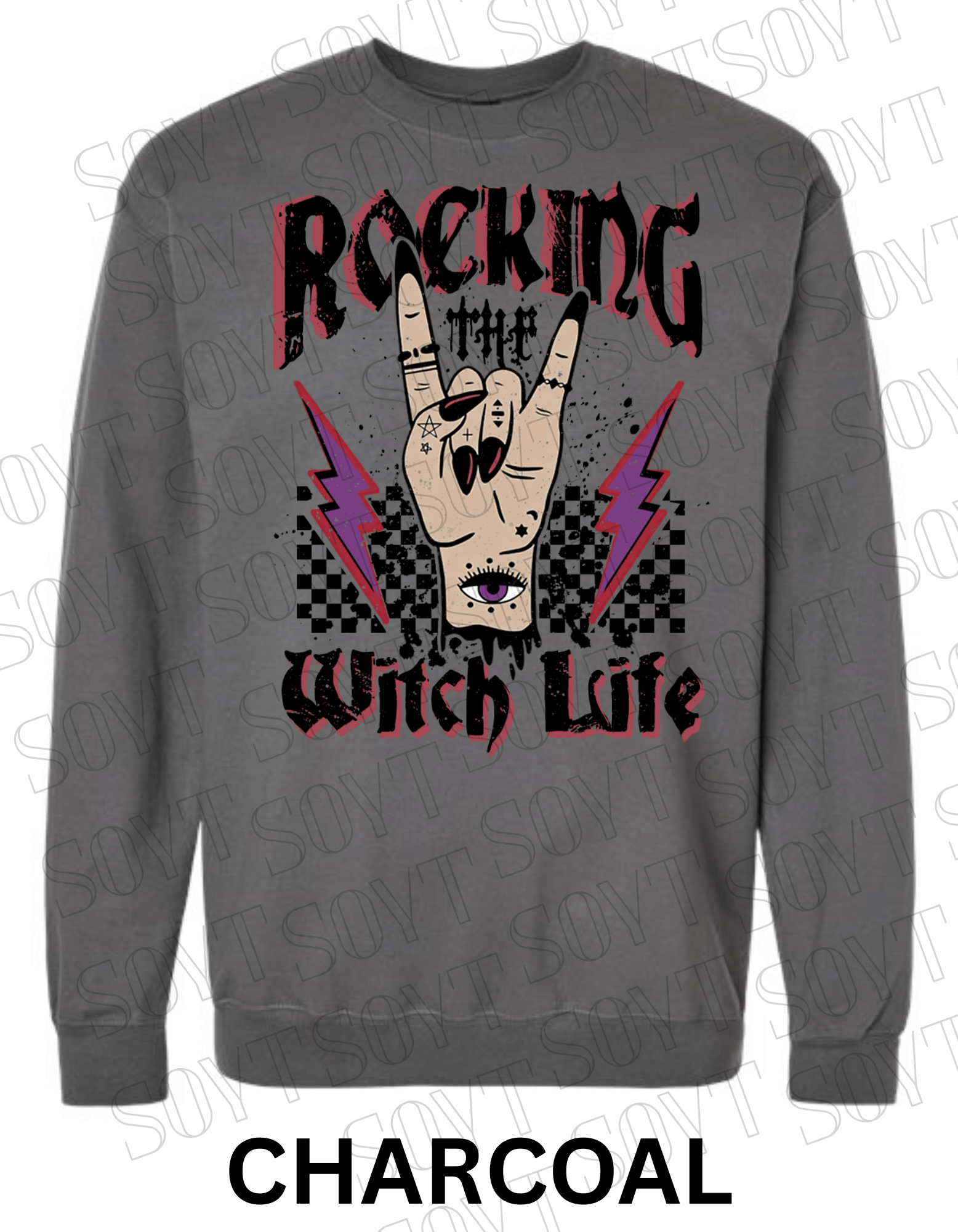 Rocking the Witch Life Halloween Sweatshirt – Gothic Rock Hand & Lightning Witch Graphic Pullover - Festive Apparel StoreCharcoal