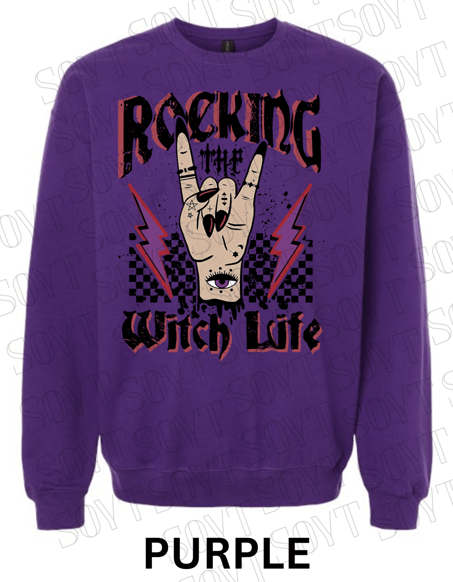 Rocking the Witch Life Halloween Sweatshirt – Gothic Rock Hand & Lightning Witch Graphic Pullover - Festive Apparel StorePurple