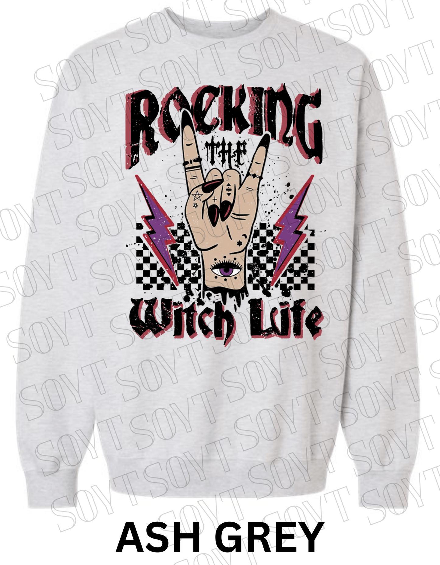 Rocking the Witch Life Halloween Sweatshirt – Gothic Rock Hand & Lightning Witch Graphic Pullover - Festive Apparel StoreAsh Grey