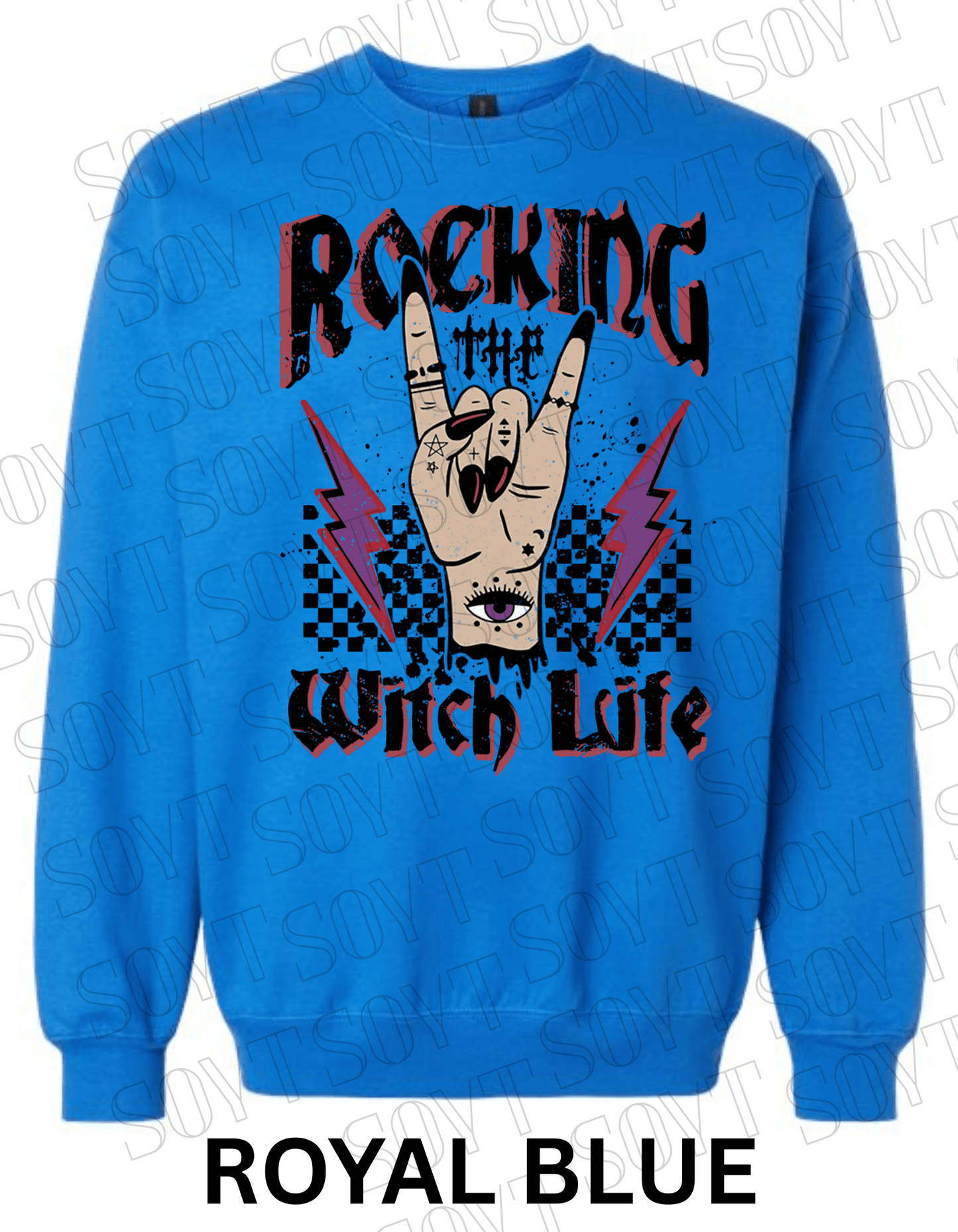 Rocking the Witch Life Halloween Sweatshirt – Gothic Rock Hand & Lightning Witch Graphic Pullover - Festive Apparel StoreRoyal Blue