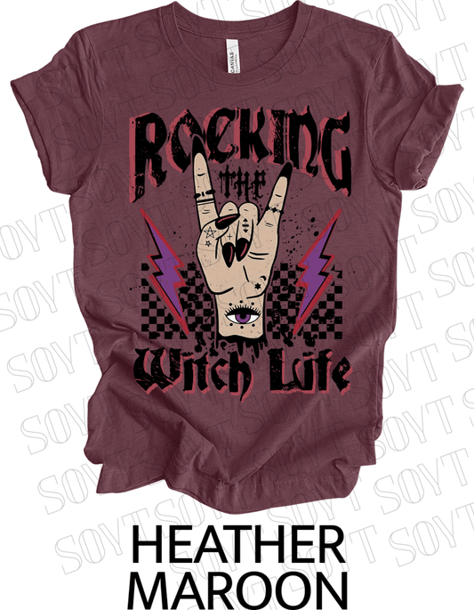 Rocking the Witch Life Halloween T-Shirt – Gothic Hand, Lightning & Checkerboard Witch Graphic - Festive Apparel StoreHeather Maroon