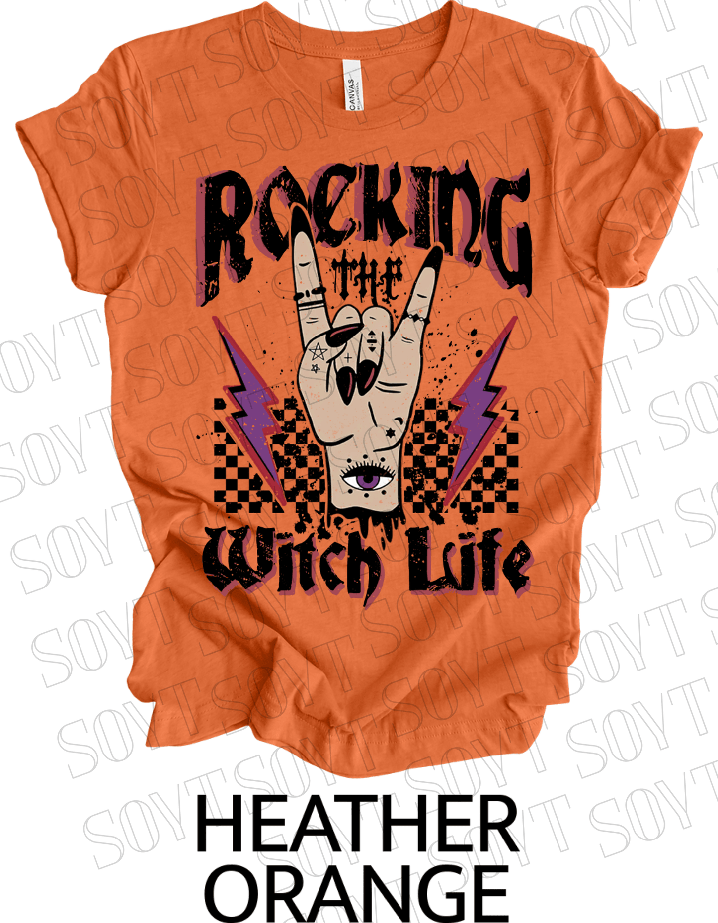 Rocking the Witch Life Halloween T-Shirt – Gothic Hand, Lightning & Checkerboard Witch Graphic - Festive Apparel StoreHeather Orange
