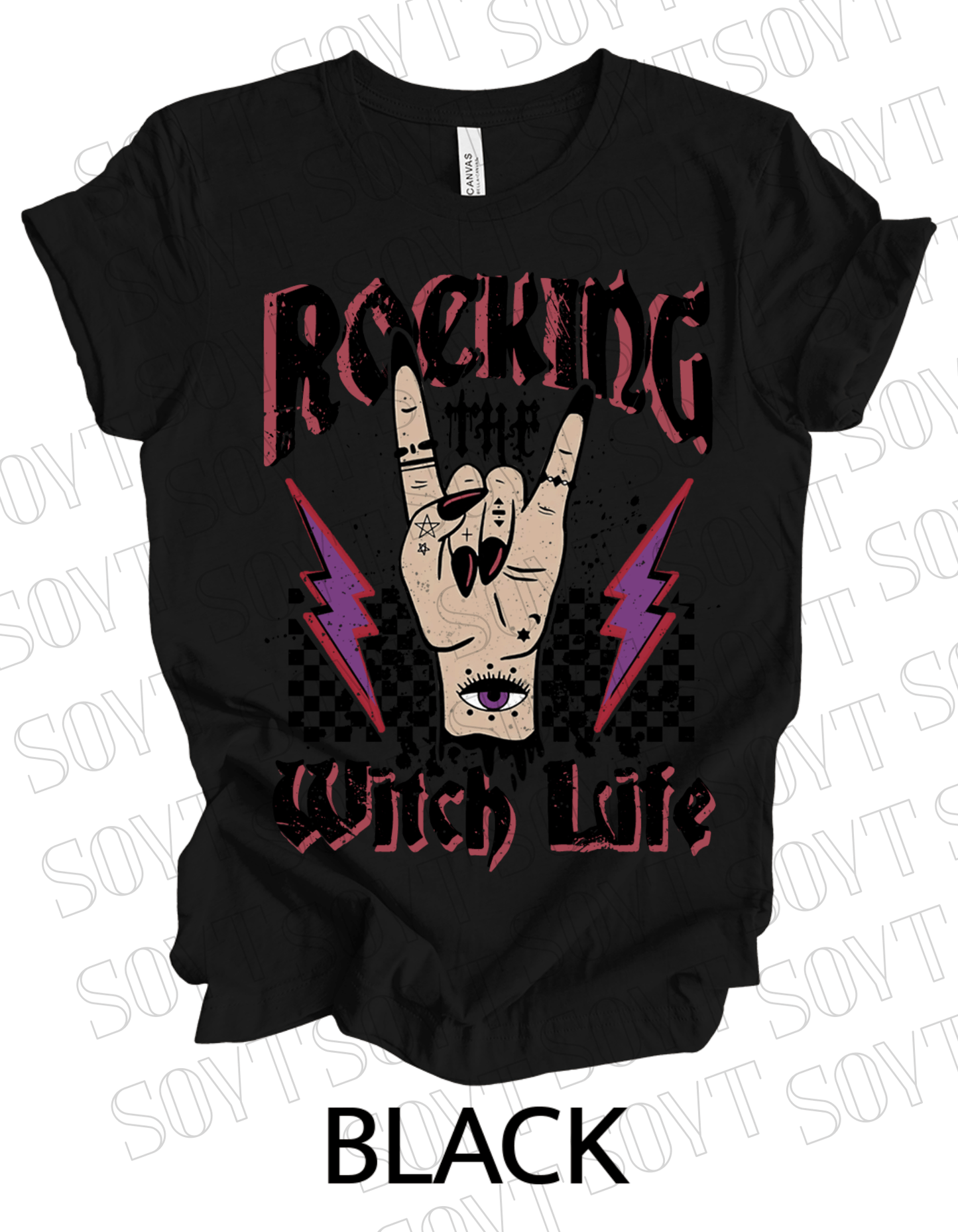 Rocking the Witch Life Halloween T-Shirt – Gothic Hand, Lightning & Checkerboard Witch Graphic - Festive Apparel StoreBlack