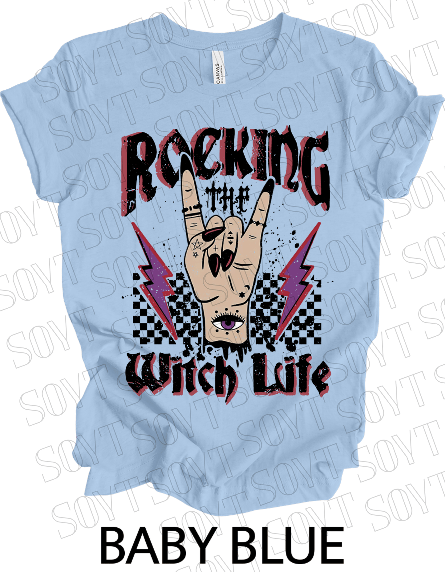 Rocking the Witch Life Halloween T-Shirt – Gothic Hand, Lightning & Checkerboard Witch Graphic - Festive Apparel StoreBaby Blue